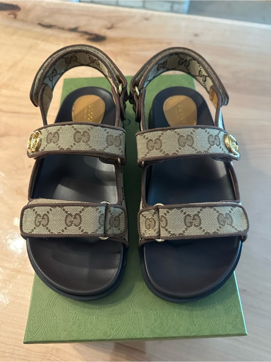 Gucci Shoes - Gucci Brown Beige GG Canvas Double-Strap Logo Sandals EU 10